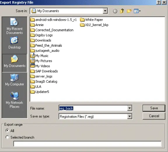 Export Registry File View