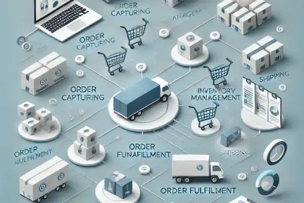 A modern infographic-style illustration showcasing the key components of an effective order management system in e-commerce. The image includes sectio