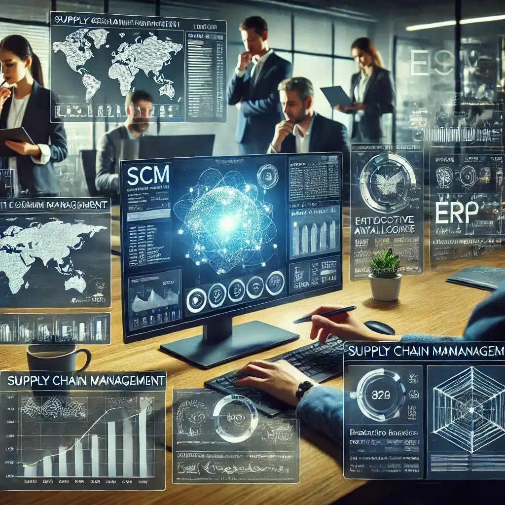 A modern office setting showing a team of professionals using advanced tools and technologies to optimize the supply chain. In the foreground, a perso